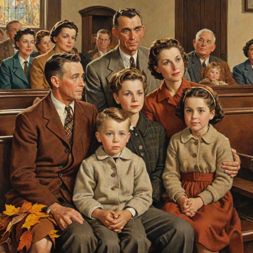 In the style of Norman Rockwell, a 1953 young family, looking pleasantly content is sitting in church, wearing cold weather clothing in autumn colors