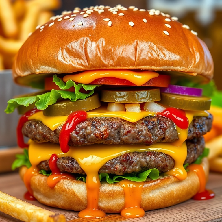 High-resolution, close-up image of a gourmet double cheeseburger. The burger features a glossy, sesame-seed-topped brioche bun. Inside, there are two thick, juicy beef patties, each topped with melted cheddar cheese. The burger is garnished with fresh lettuce, tomato slices, diced onions, and pickles. A generous amount of ketchup and a creamy, orange-colored sauce is dripping down the sides, adding to the mouth-watering appeal. In the background, there are blurred elements including a side of golden French fries and a hint of a beverage, enhancing the overall presentation of a delicious meal.