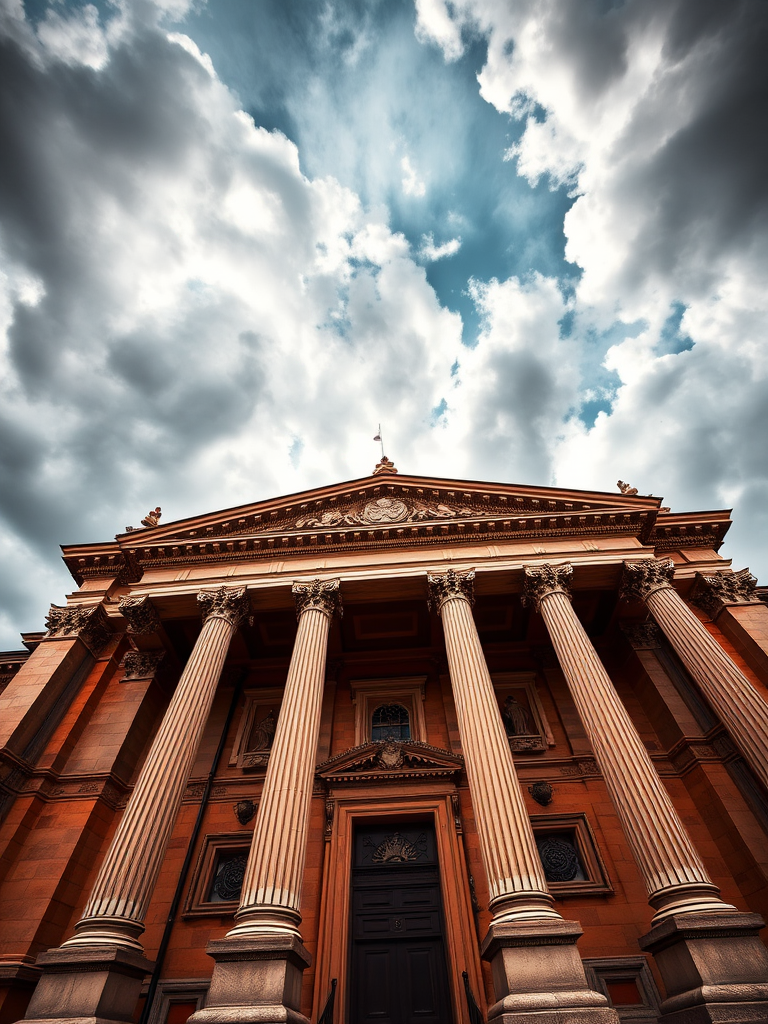 Capture a dynamic low-angle shot of a grand classical building with intricate details and tall pillars under a dramatic sky, using a full-frame DSLR camera at f/8, ISO 100, 24mm lens, and HDR settings for enhanced clarity and dynamic range.