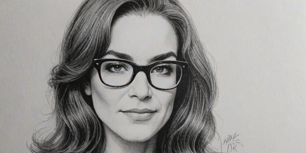Stunning Mandy Patinkin, pencil sketch, portrait of Ravishing woman 1970s in glasses, hair style beatnik, outline, clear lines, fine lines, 8k