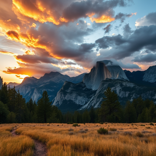 landscape of Yosemite National Park at sunset with dramatic clouds, high dynamic range, shot with a Canon EOS R5 at 24mm, f/8, ISO 100, 1/125 sec, using a wide-angle lens for enhanced depth and clarity.