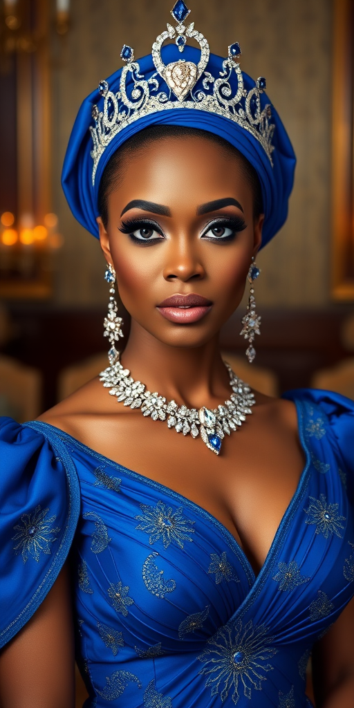 A gorgeous Kikuyu woman in a luxurious blue gown, accessorized with a dazzling tiara and statement earrings, her deep blue eyes highlighted by impeccable makeup, poised in a royal setting, photorealistic, 8K quality
