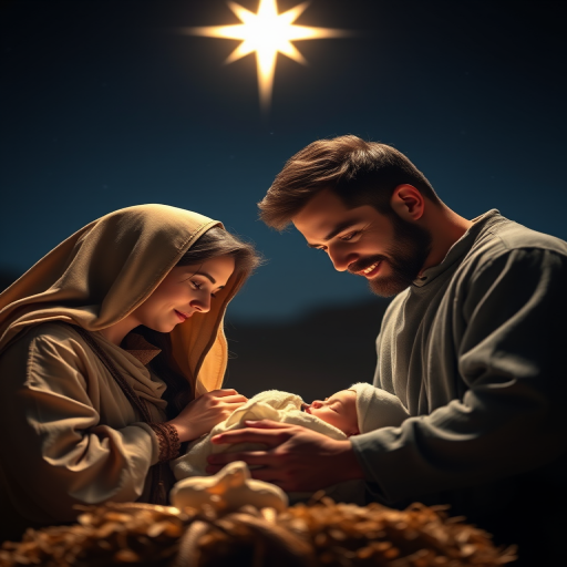 Regenerate an image of a serene nativity scene featuring a mother and father gazing lovingly at their newborn child, illuminated by a bright star in the night sky, soft warm lighting, depth of field, 50mm lens, f/1.8 aperture, ISO 100, captured with a full-frame DSLR, dramatic and emotional composition.