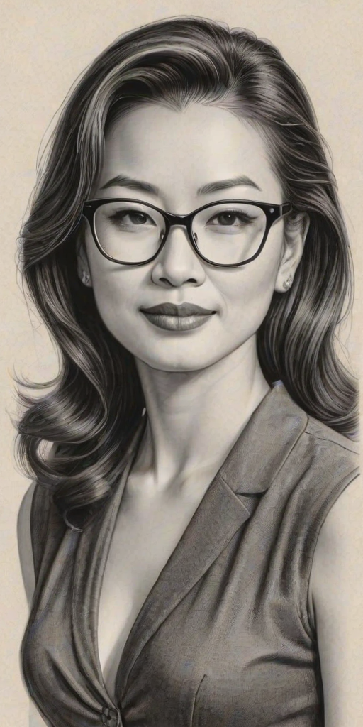 Radiant Ming-Na Wen, pencil sketch, portrait of Graceful woman 1950s in glasses, hair style beatnik, outline, clear lines, fine lines, 8k