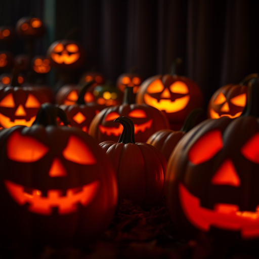 Create a highly detailed, realistic image of various carved pumpkins with glowing faces in a dimly lit setting, using a DSLR camera, aperture set to f/2.8 for shallow depth of field, ISO 200 for low noise, and a focal length of 50mm to capture intricate details, shot from a low angle to enhance the dramatic effect.