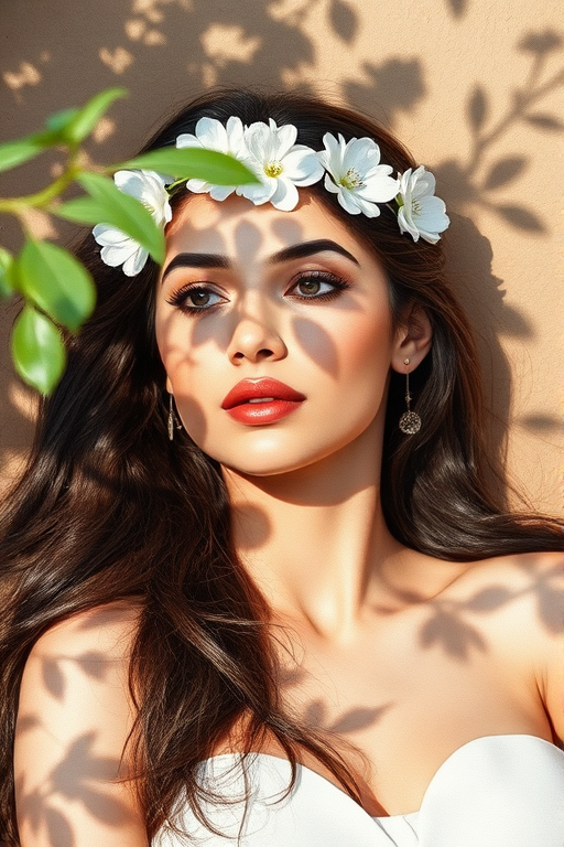 create a watercolor painting of an ethereal portrait of beautiful Pakistani woman with a simple white flower crown on her head. Her hair is long and she is lying on the ground. The sunlight on the trees casts shadows from the leaves on her face and body. The background is a neutral brown color that matches her skin tone. The image is minimalist and solid colors. This style is characterized by soft, delicate brushstrokes and a light, airy, contrasting color palette. High level of detail and play of light
