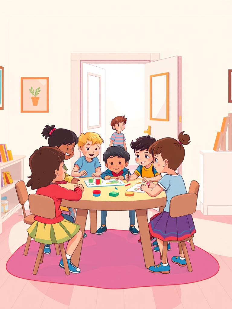 Create an illustration of a diverse group of children engaged in a creative project around a table in a bright room, with an open door showing another child looking in, using a vibrant and playful color palette, shot with a DSLR camera at f/4.0, ISO 200, 24mm lens, and a slightly elevated angle to capture the scene's depth and detail.