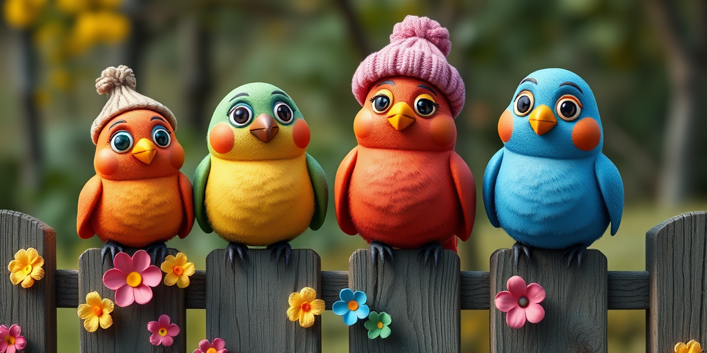 create a scene of 4 quirky  whimsical colourful comical birds each with a funny expression. they are sat on a wooden fence with colourful flowers. they are all different sizes. each one is a different colour  one is wearing a woolly hat. Each one has a different quirky google expression and there is a muted background of trees watercolour paintierly style high definition 8k resolution 3D paper mache