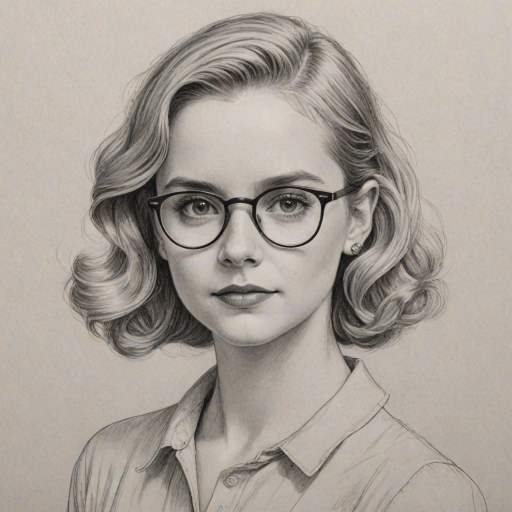 Dazzling McKenna Grace, pencil sketch, portrait of Splendid woman 1935s in glasses, hair style beatnik, outline, clear lines, fine lines, 8k