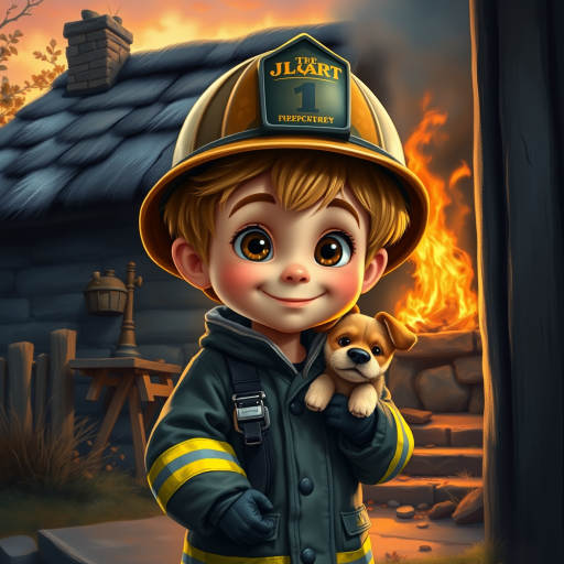 airbrushed oil painting, pixar style, cute little boy in fireman gear, helmet, tousled hair, expressive eyes, standing in the doorstep of a cottage burning behind him, holding a cute little dog in his arm, atumn sky