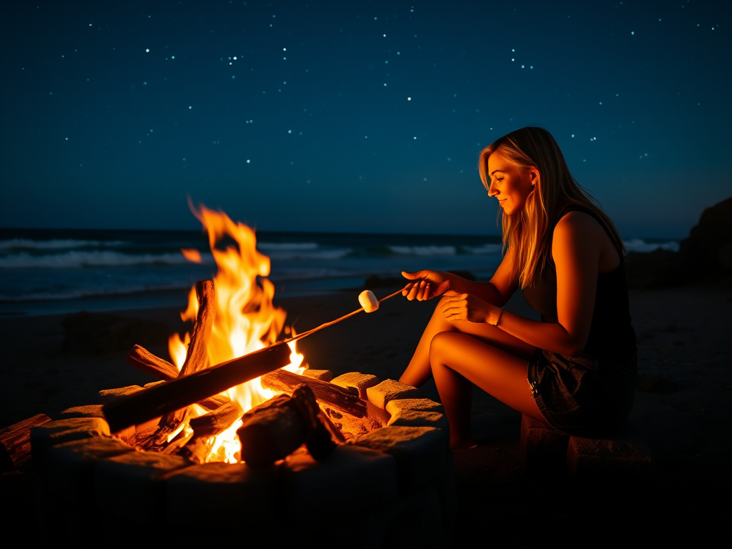 Woman sitting by a fire pit, the flames crackling as she toasts marshmallows, the night sky full of stars, and the sound of the ocean waves crashing nearby.