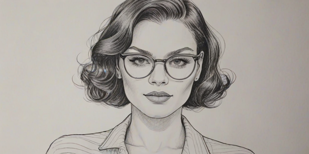 Attractive Jessie J, pencil sketch, portrait of Comely woman 1943s in glasses, hair style beatnik, outline, clear lines, fine lines, 8k