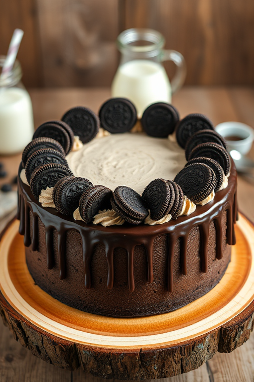 Create an image of a round chocolate cake with a creamy Oreo filling and frosting on top. The cake is decorated with whole Oreo cookies arranged around the edge and has chocolate ganache drizzled down the sides. It is placed on a wooden cake stand with a rustic look, and there are milk and a teapot in the background.