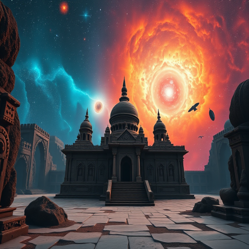 Create a high-resolution image of an ancient, futuristic temple with intricate designs, surrounded by a vibrant cosmic nebula in shades of blue, orange, and red, captured with a DSLR camera at f/11, ISO 100, 24mm lens, using a wide-angle view to emphasize grandeur and depth in the scene.