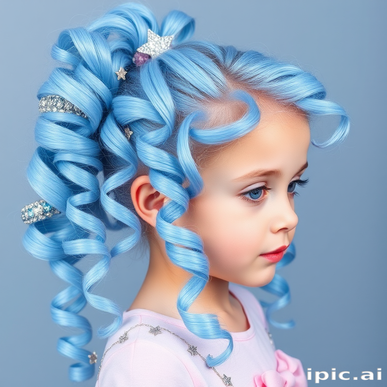 Whimsical cotton candy blue curls styled in a high ponytail with cascading ringlets and star-shaped glitter accents, known as "Stardust Dreamer" evoking childlike wonder and imagination