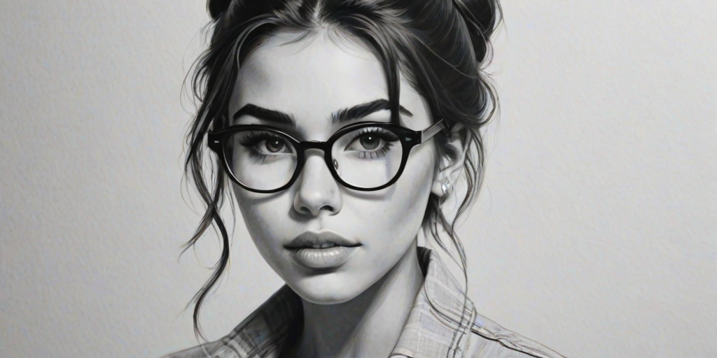 Alluring Madison Beer, pencil sketch, portrait of Fascinating woman 1952s in glasses, hair style beatnik, outline, clear lines, fine lines, 8k
