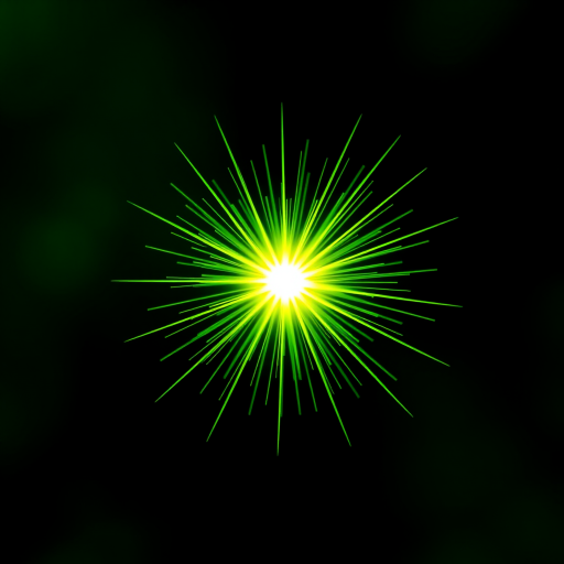 Create a vibrant green starburst effect with a bright center on a dark green background, using a DSLR camera at f/8 aperture, ISO 100, 1/200 shutter speed, in macro view with a soft focus style for enhanced image quality.