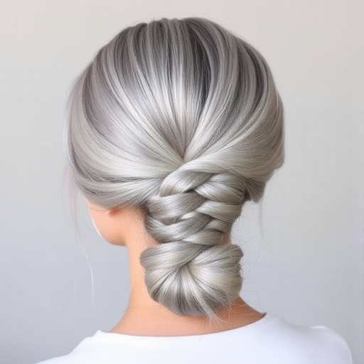 Silvery gray hair styled in a sleek low ponytail with an intricate braided wrap, Sterling Elegance design, showcasing a polished and sophisticated look with a modern twist