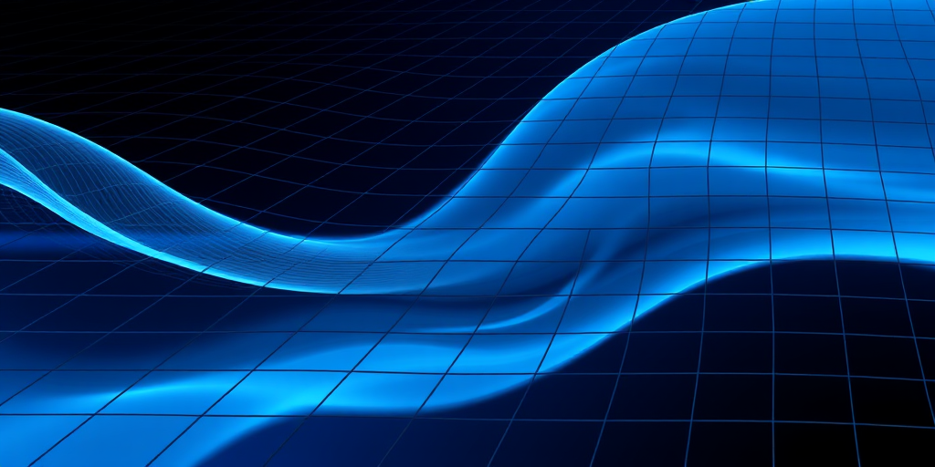 Create a digital abstract image featuring flowing grid patterns in shades of blue and black, using a DSLR camera with a focal length of 50mm, aperture set to f/8, ISO 100, captured from a slightly elevated angle to enhance depth and detail.