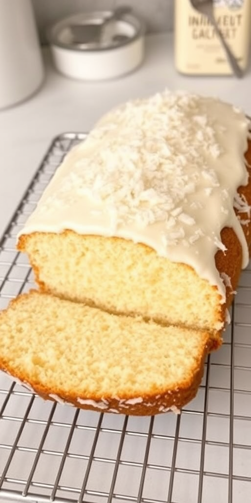 A freshly baked coconut loaf cake with a smooth white frosting topped with shredded coconut sitting on a wire cooling rack with a light background and a hint of kitchen items in the scene.