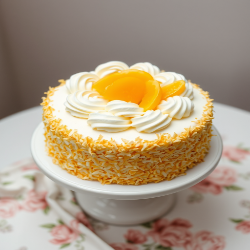 A beautifully decorated cake on a white pedestal with toasted coconut flakes covering the sides and a bright yellow passion fruit topping surrounded by swirls of white frosting on top. The background features a soft, light-colored setting with a floral patterned napkin.