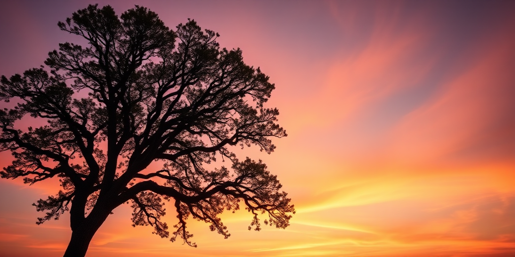 Capture a majestic tree against a sunset sky, low angle view, f-stop 8, ISO 200, shutter speed 1/200s, use a DSLR camera with a wide-angle lens to enhance depth and detail.