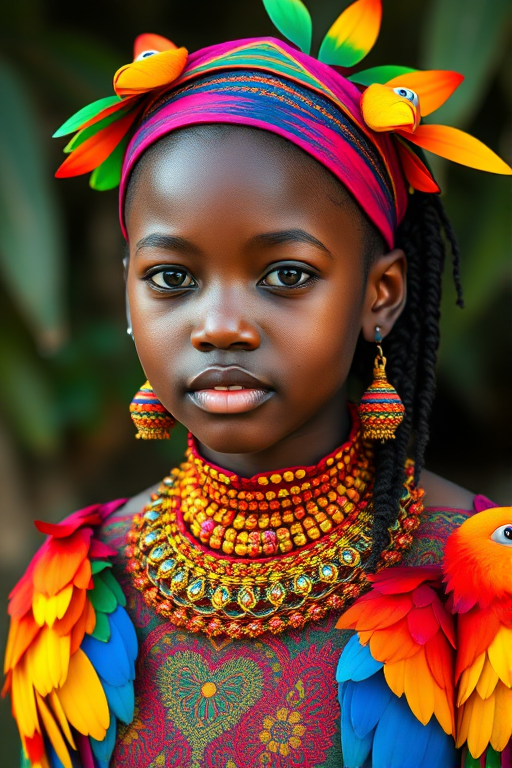 A beautiful Garifuna girl, wearing colorful bird clothing with vibrant colors