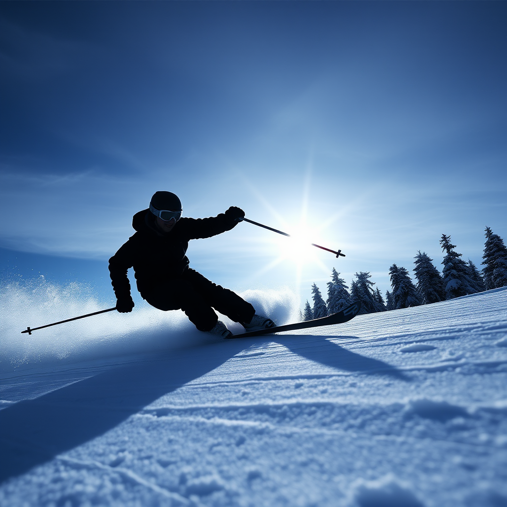 Create a high-resolution image of a silhouette of a skier in dynamic motion, captured from a low-angle perspective using a DSLR camera with a 50mm lens, aperture set at f/2.8, ISO 100, and a shutter speed of 1/500 sec for clarity and detail.