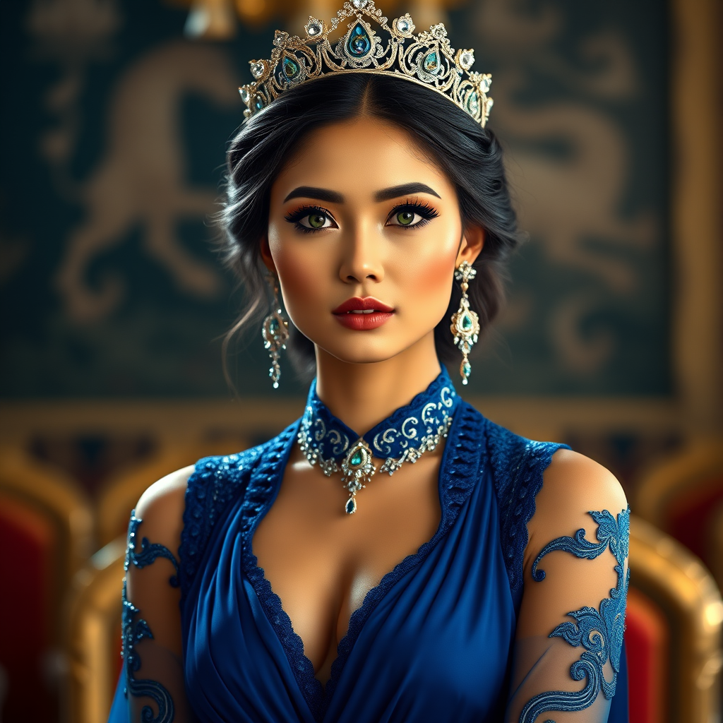 A gorgeous Bhutanese woman in a luxurious blue gown, accessorized with a dazzling tiara and statement earrings, her deep green eyes highlighted by impeccable makeup, poised in a royal setting, photorealistic, 8K quality