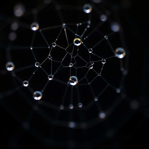 macro shot of a spider web with dewdrops reflecting light, shallow depth of field, f/2.8, ISO 100, 1/250 sec, 100mm macro lens, natural lighting, focus on web details, dark background to enhance contrast