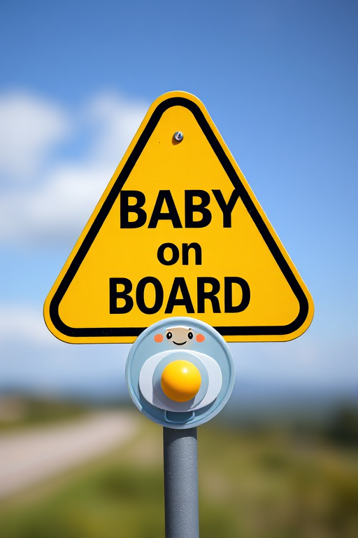 Create a high-resolution warning sign featuring a yellow diamond shape with the text "BABY on BOARD" in bold black letters, centered above a cartoonish pacifier, captured using a DSLR camera with a 50mm lens at f/1.8 aperture, ISO 200, and a shallow depth of field for a crisp foreground and blurred background.