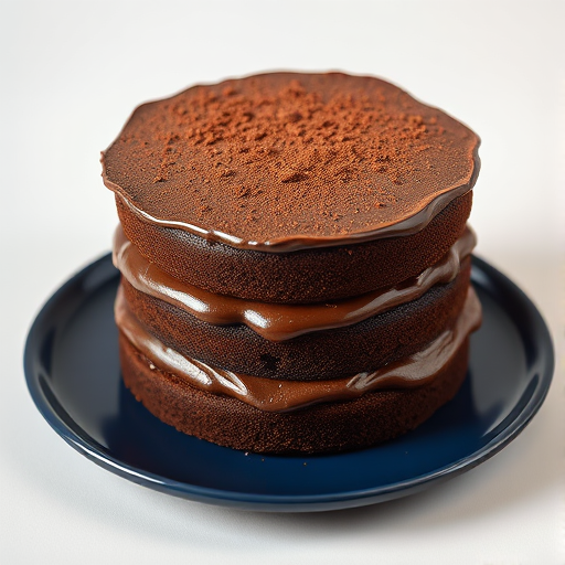 A three layer chocolate cake with rich chocolate frosting topped with cocoa powder on a dark blue plate set against a light background.