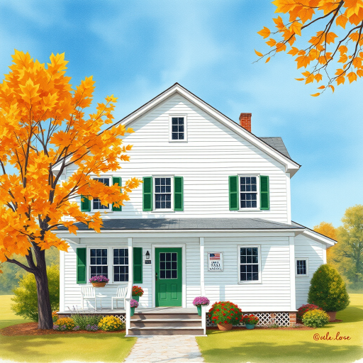 a white farmhouse with green shutters, vintage feel, blue sky, trees in autumn color, leaves slightly blowing in the breeze, colorful autumn flowers in pots on the front porch of the farmhouse, watercolor
