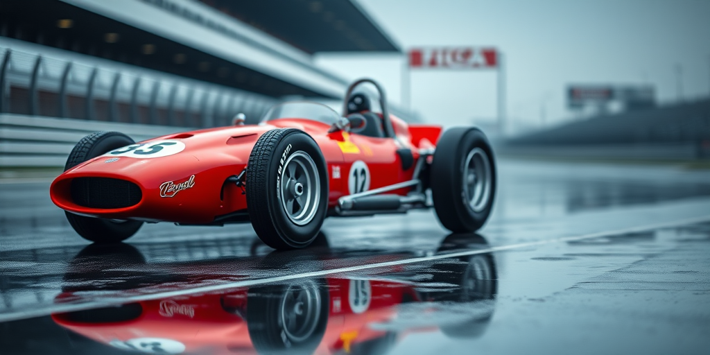 highly detailed shot of a classic red race car on a wet track with reflections, shallow depth of field, low-angle view, ISO 100, aperture f/2.8, shutter speed 1/250s, DSLR camera, 50mm lens, enhanced color saturation and contrast