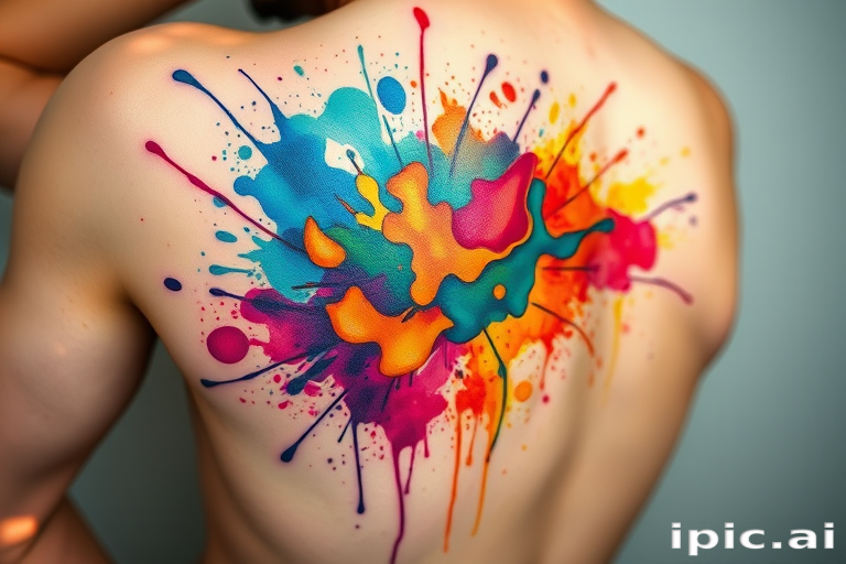 Watercolor splash tattoo known as "Chromatic Explosion" with vibrant paint splatters and drips in a rainbow of colors creating an abstract and dynamic design that appears to be in constant motion
