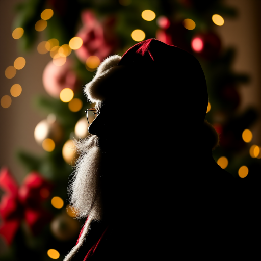 Create a silhouette of Santa Claus wearing a hat against a festive background, shot with a Canon EOS R5 at f/2.8, ISO 100, 50mm lens, using a shallow depth of field for a soft blur effect.