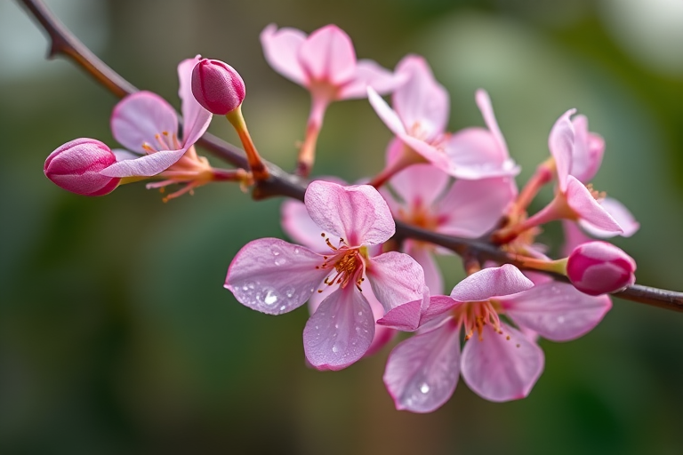 a close-up of pink flowers on a branch with dew, soft focus background, captured in natural light, camera settings: f/2.8, shutter speed 1/200 sec, ISO 100, 50mm lens, portrait mode, DSLR camera