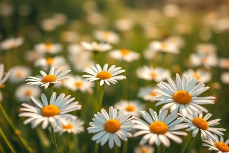 Close-up of white daisies in a sunlit field with a soft bokeh effect, aperture f/2.8, shutter speed 1/250s, ISO 100, 50mm lens, shot in natural light with a DSLR camera.