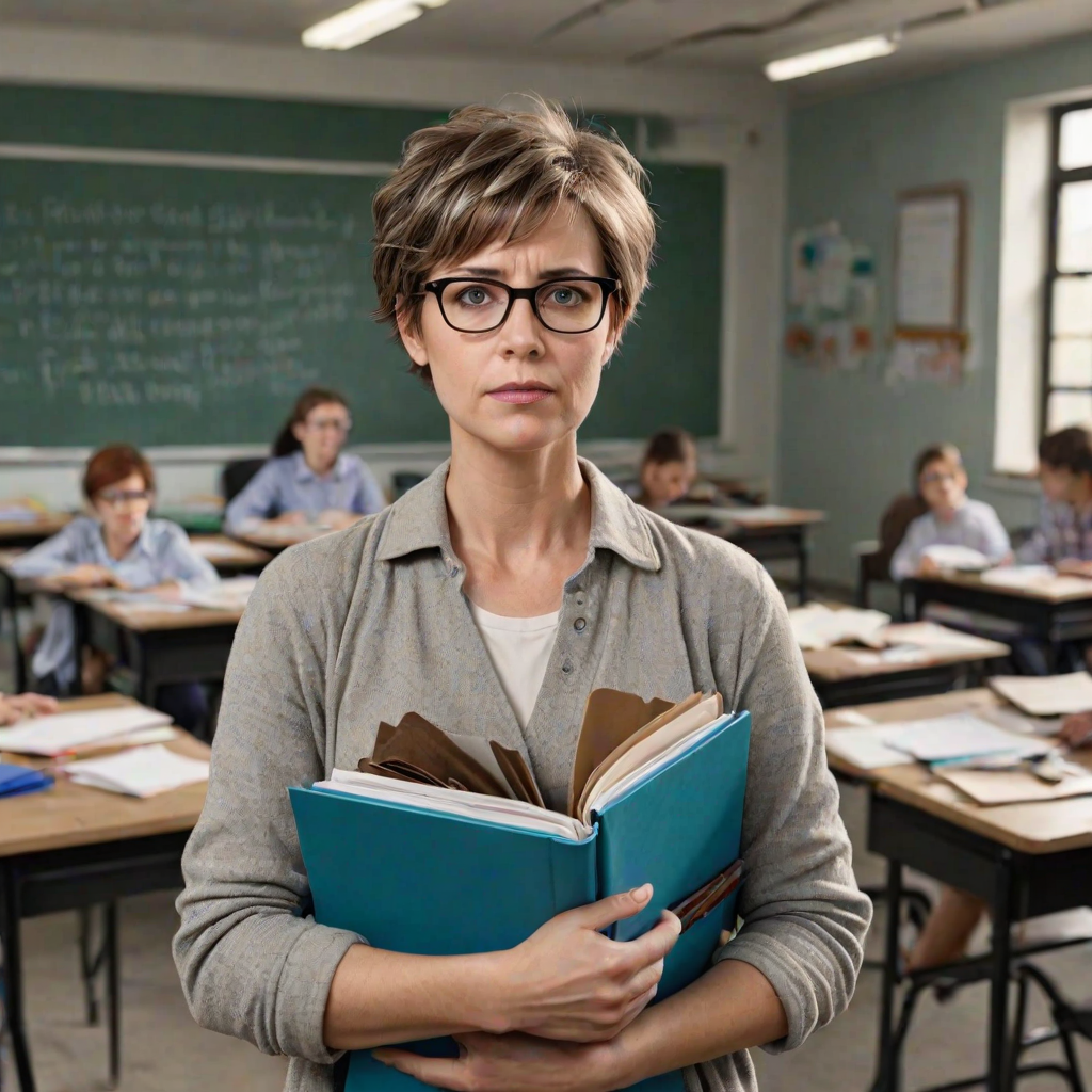 realistic short haired teacher wearing glasses holding some folders standing outside a chaotic classroom exhausted and broken