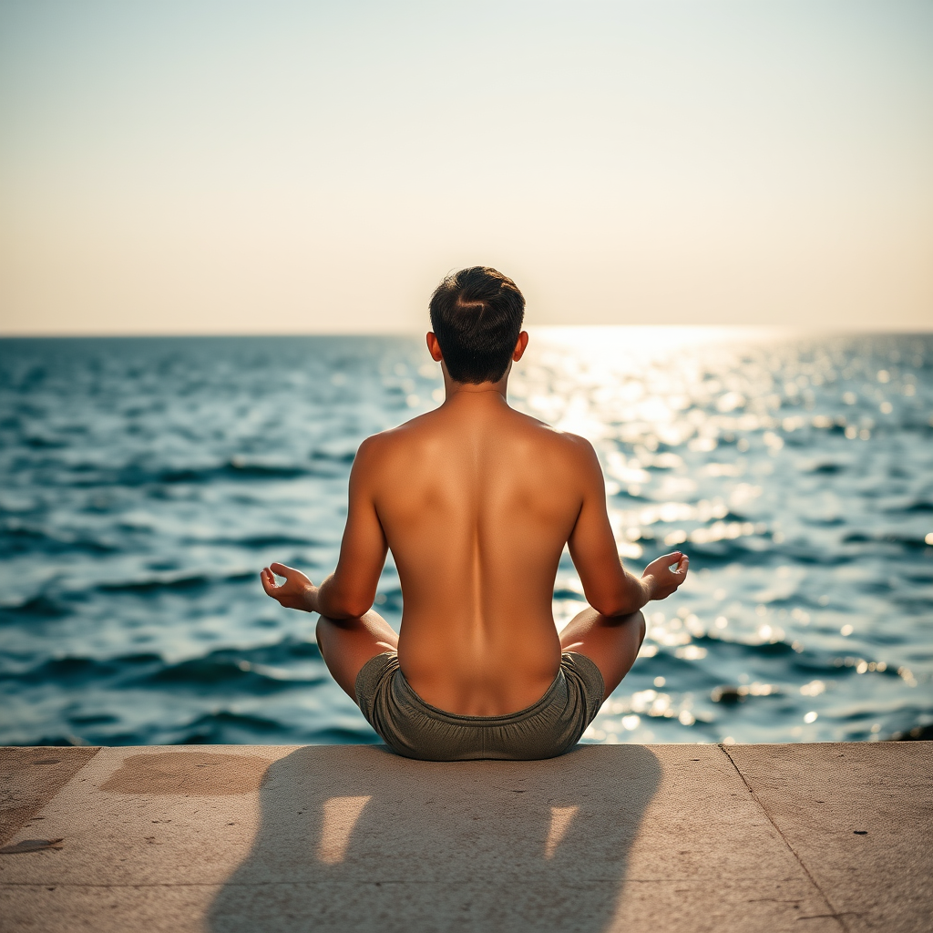 Capture a serene scene of a person meditating near the ocean, focusing on the back of a shirtless man sitting cross-legged on a concrete platform, with the sun reflecting on the water, use a Canon EOS R5 with a 35mm lens, f/2.8 aperture, ISO 100, at golden hour for soft lighting and enhanced colors.