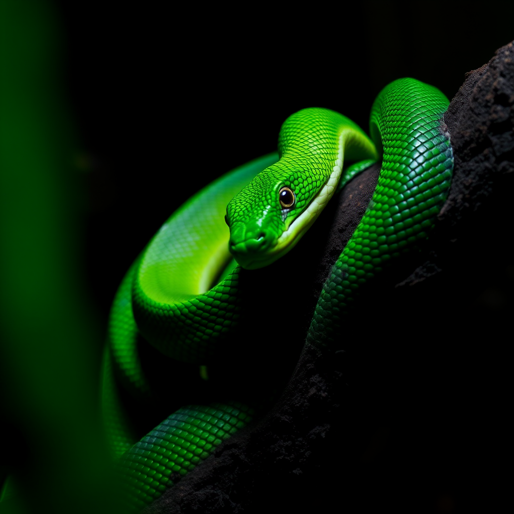 Create an image of a vibrant green snake coiled around a dark, textured branch in a dimly lit environment, focusing on the snake's intricate scales and the contrast between the green and the brown of the branch.