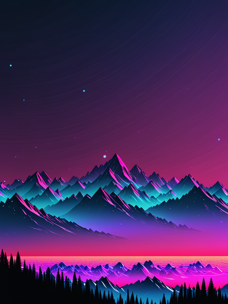 Vibrant Neon Mountains Under a Starry Sky at Dusk