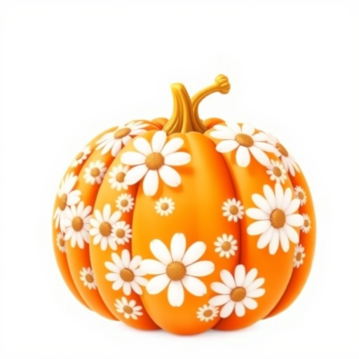 a whimsical orange pumpkin with white daises pattern covering the pumpkin. Solid white background sublimation vector 3000dpi 32k