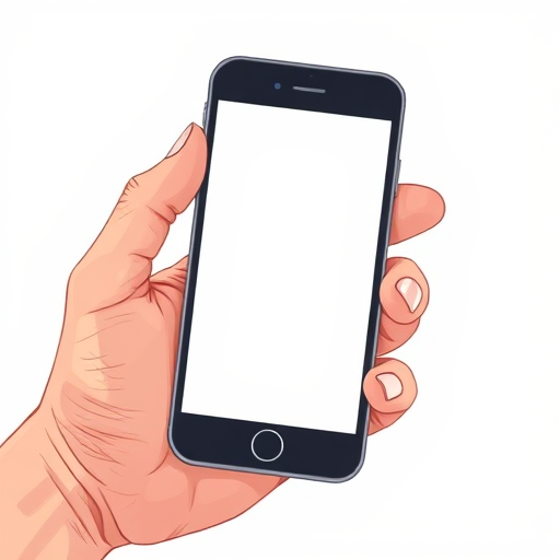 Create an illustration of a hand holding a smartphone with a blank screen, captured in a close-up view, with a soft focus background, using a DSLR camera at f/2.8 aperture, ISO 100, shutter speed 1/200s.