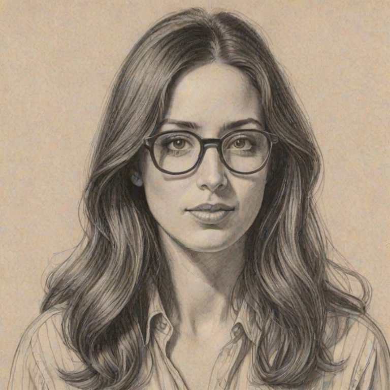Wonderful Catherine Reitman, pencil sketch, portrait of Enticing woman 1972s in glasses, hair style beatnik, outline, clear lines, fine lines, 8k