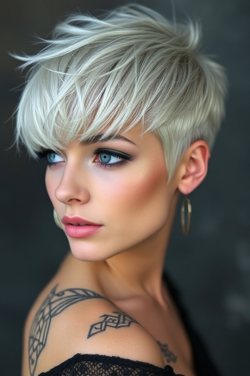 Ethereal silver pixie cut with delicate wisps framing the face, Luna's hair glimmers like starlight, featuring intricate geometric patterns shaved into the sides for an otherworldly and edgy aesthetic
