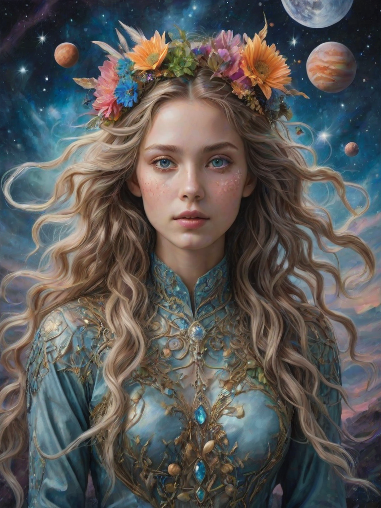 Create a series of imaginative portraits where each subject is infused with elements of fantasy and nature. The hair of the individuals should flow like clouds, varying from soft, fluffy cumulus to wispy cirrus strands, with hints of color reflecting a sunset or a clear blue sky. The eyes should be windows to entire galaxies, with stars, nebulae, and distant planets visible within them. Clothing should be adorned with nature motifs, such as floral patterns that bloom and change, vines that seem to grow and wrap around, or feathers that shimmer with iridescence. Each portrait should capture a unique personality, blending human features with the ethereal beauty of the natural and cosmic world. The backgrounds can vary, from starry night skies to enchanted forests, adding depth and context to the magical realism of the portraits