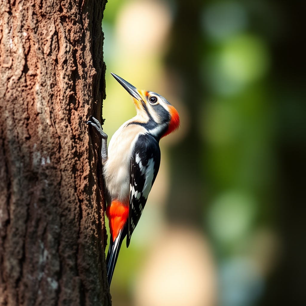 a close-up shot of a woodpecker perched on a tree trunk, natural light, depth of field with a blurred background, 200mm focal length, ISO 400, aperture f/4, shutter speed 1/200s, DSLR camera, macro photography style
