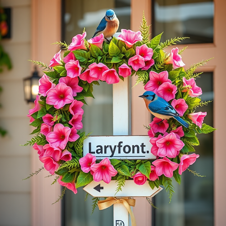 Create a vibrant floral wreath design featuring two bluebirds perched on top, adorned with pink flowers and green foliage, complemented by a white directional sign, captured with a Canon EOS R5, 50mm f/1.2 lens, natural light, and shallow depth of field for enhanced detail and color saturation.