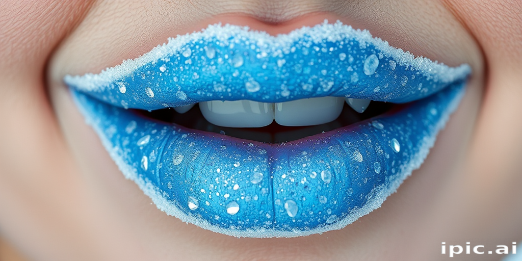 Frosty ice blue lips sparkle with tiny crystals, evoking a winter wonderland aesthetic and adding a touch of magic to any beauty look